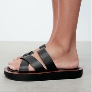 ZARA Black Leather Cross-Strap Slide Sandals - Women SZ 37